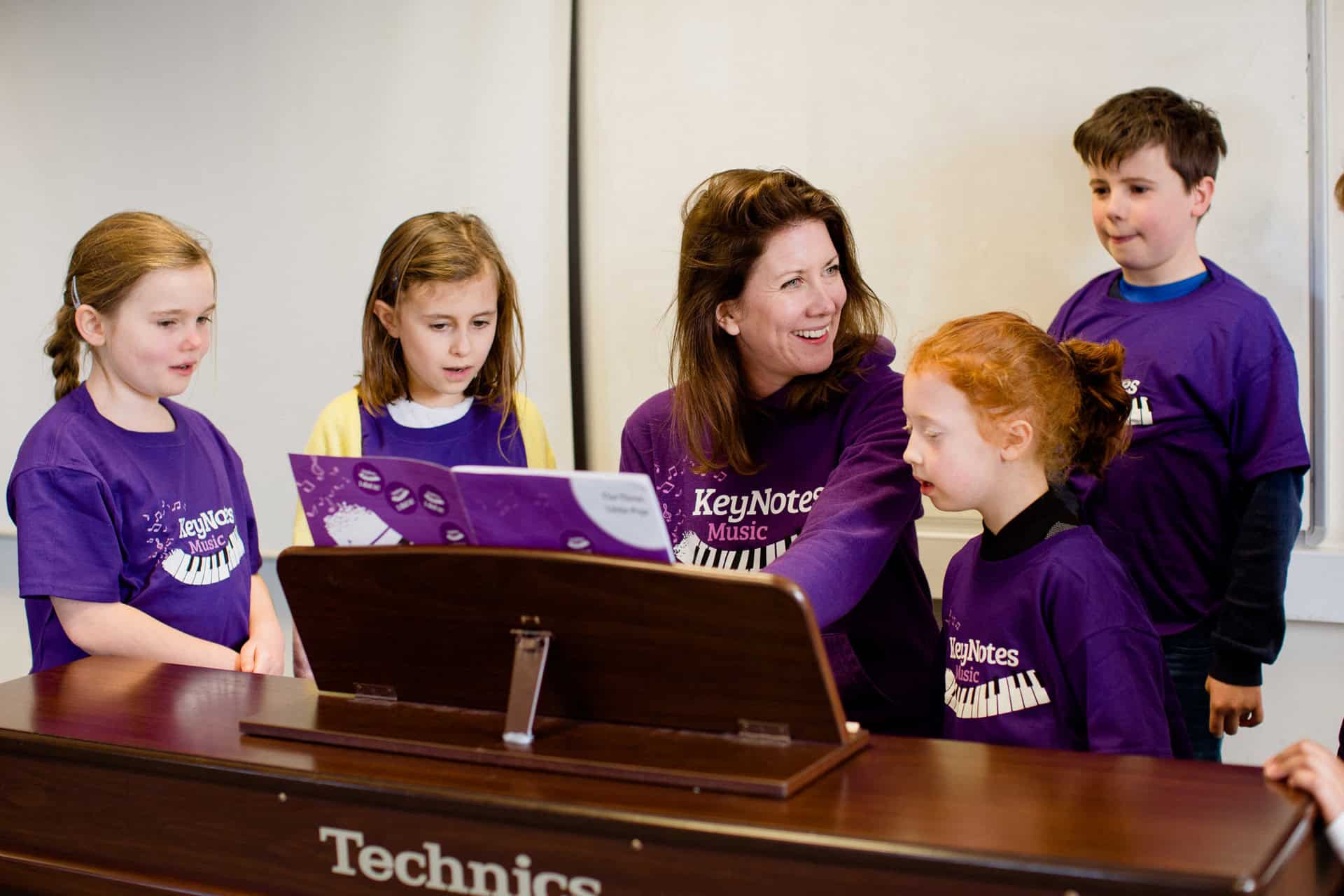Kinder spielen gemeinsam mit ihrer Lehrerin am Klavier.