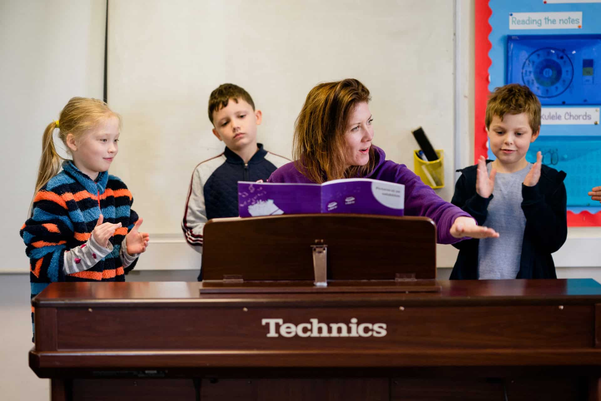 Kinder und eine Lehrerin musizieren gemeinsam am Klavier.